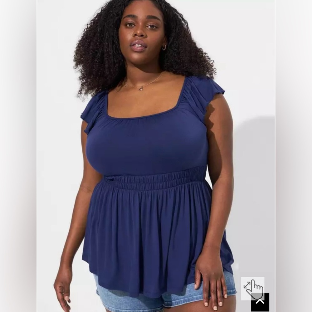 Torrid Navy Blue Capped Flutter Short Sleeve Scooped Neck Sinched Waist T-Shirt